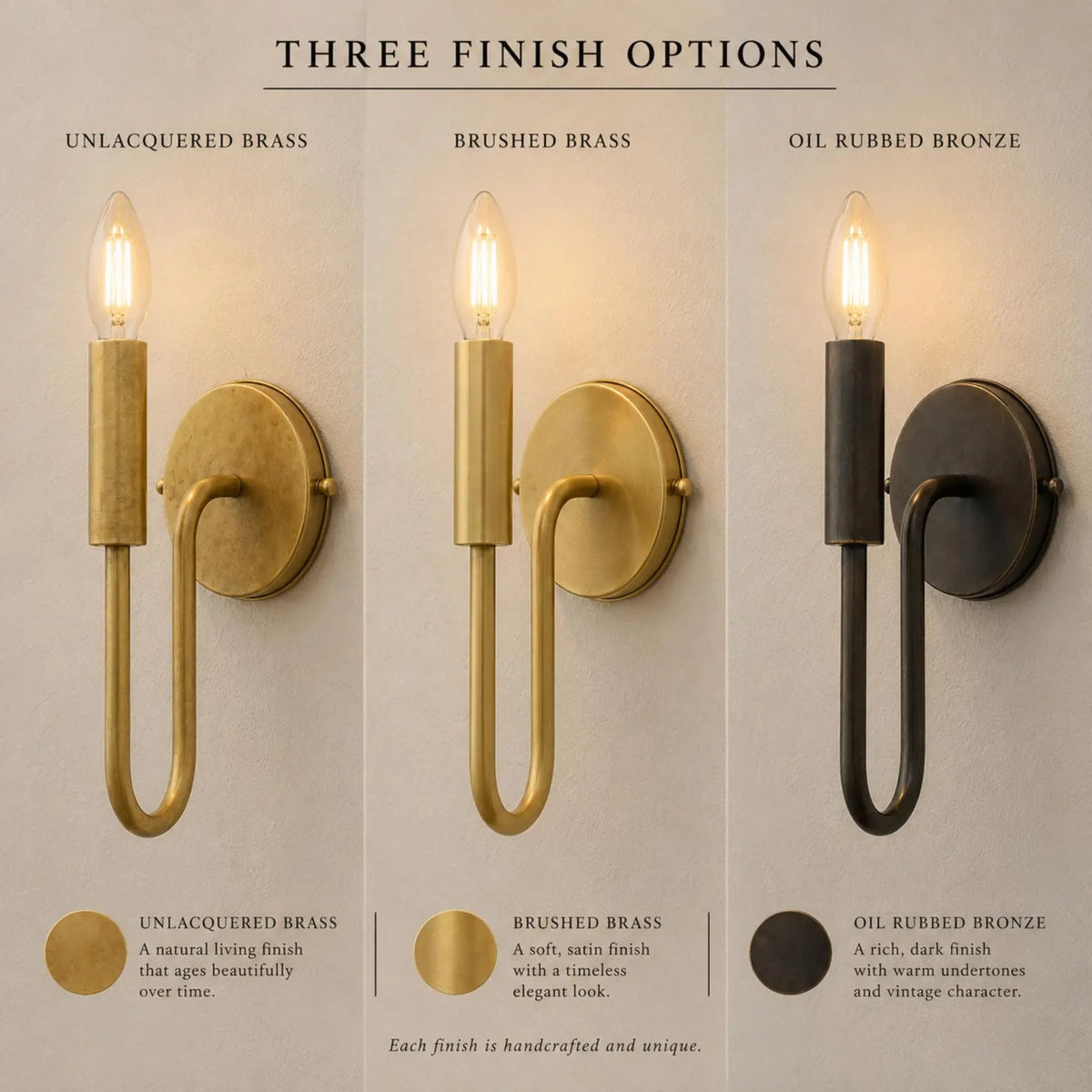 Finish guide showing unlacquered brass, brushed brass and oil-rubbed bronze