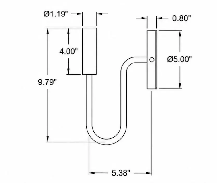Dimension drawing for the wall fixture without its optional shade