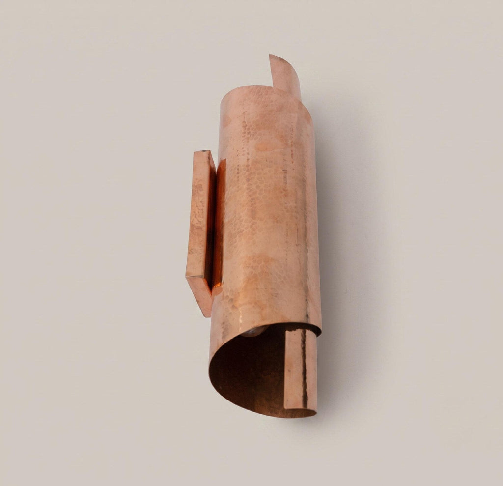 Side and underside view of the copper wall sconce and mounting plate