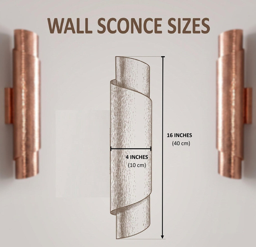 Copper wall sconce size guide showing approximately 40 cm height and 10 cm width