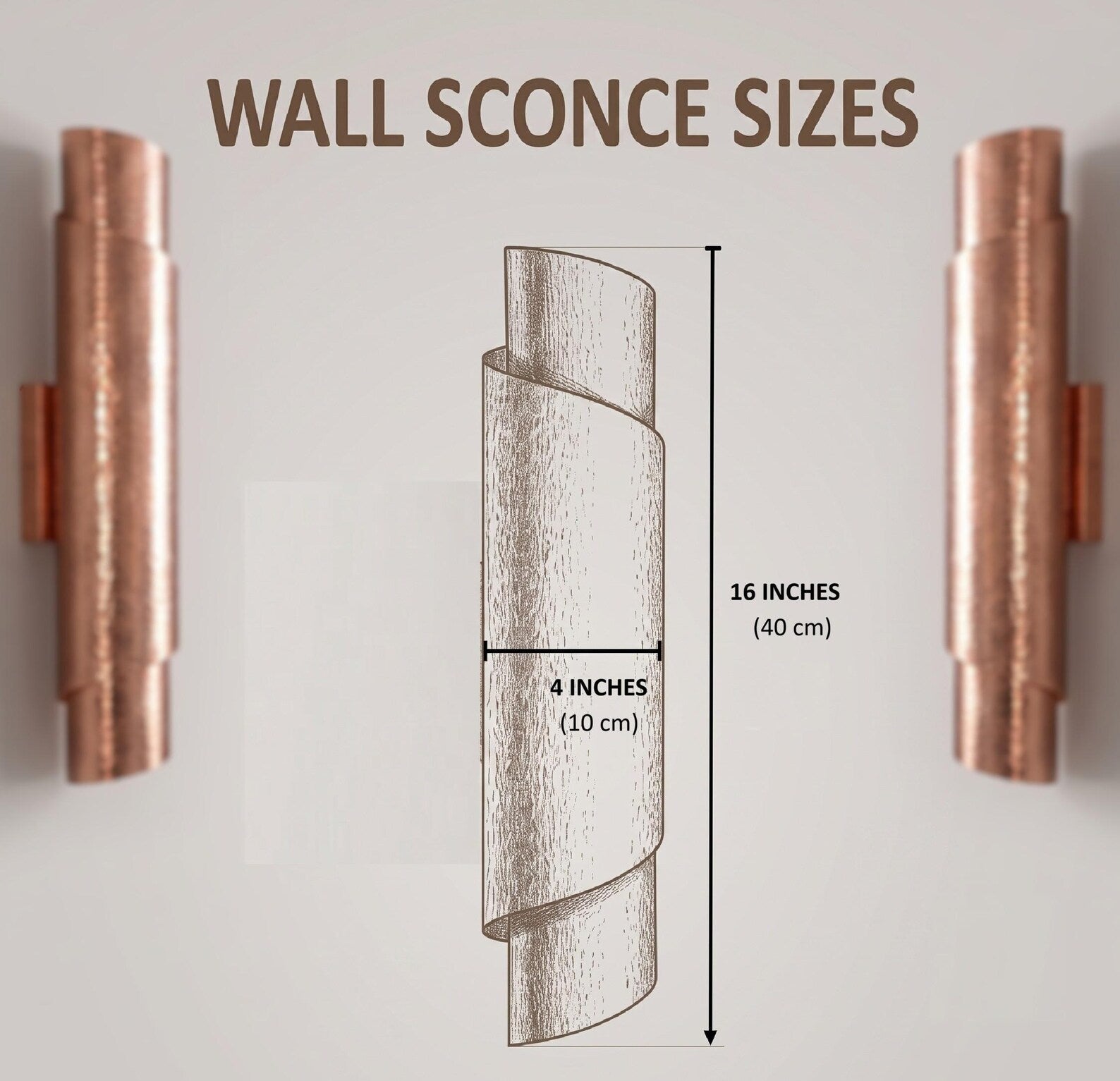 Copper wall sconce size guide showing approximately 40 cm height and 10 cm width
