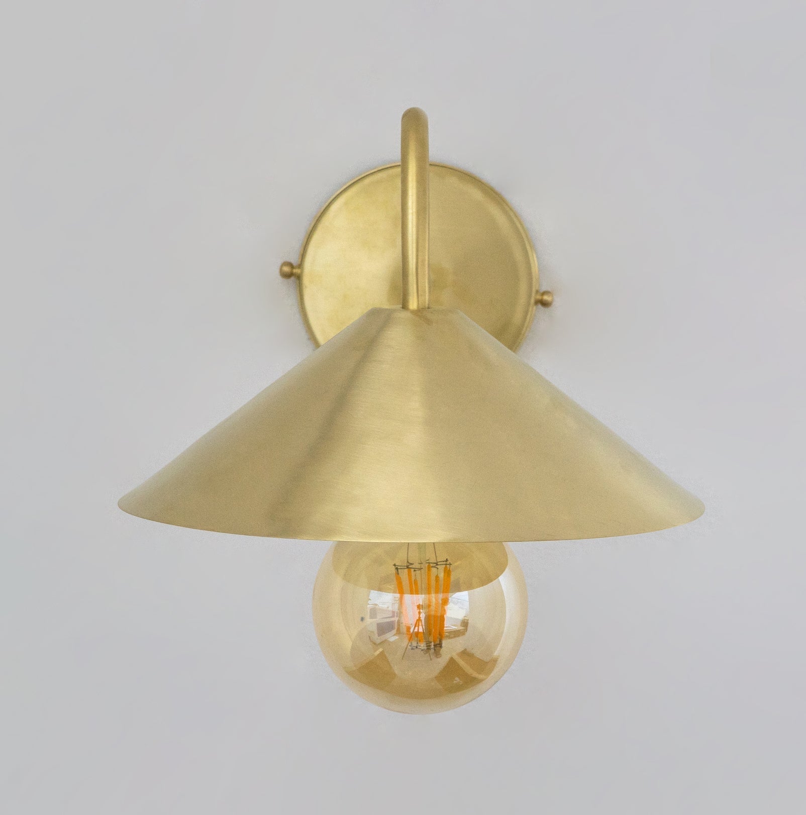 Front view of the brushed brass gooseneck wall sconce