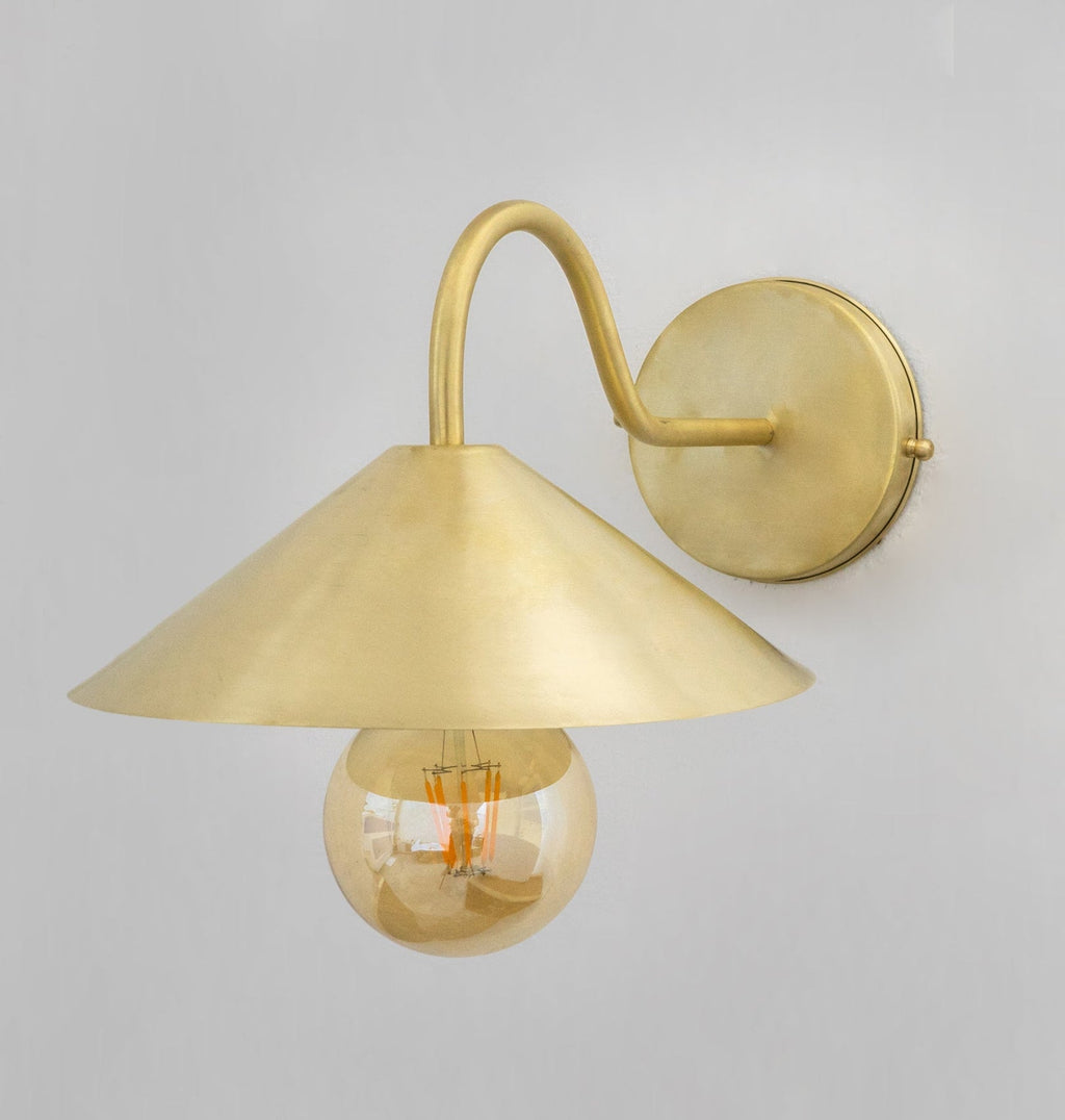 Angled view of the brass gooseneck wall lamp and round backplate