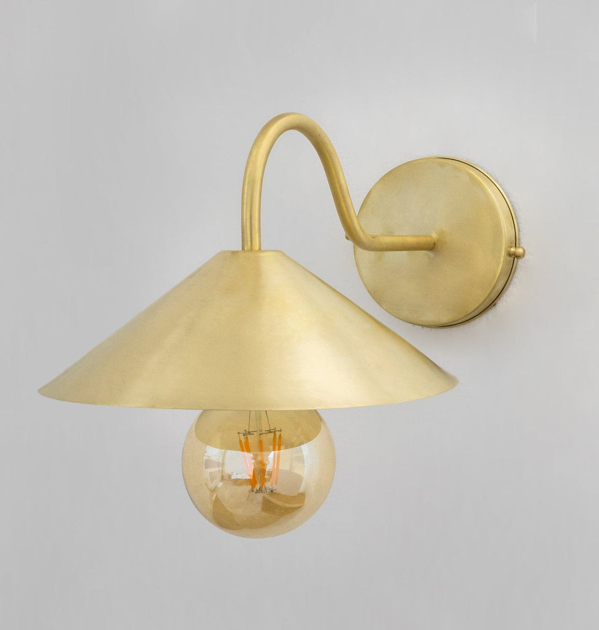 Angled view of the brass gooseneck wall lamp and round backplate
