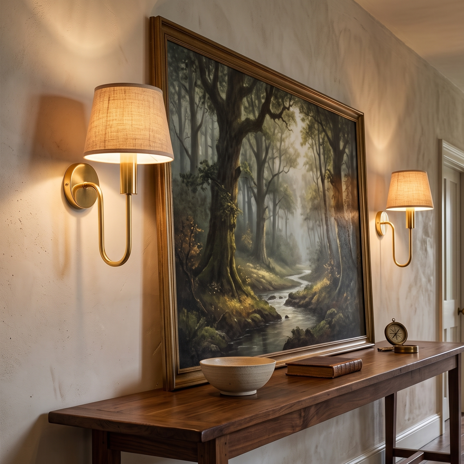 A pair of brass fabric-shade sconces illuminating an interior wall