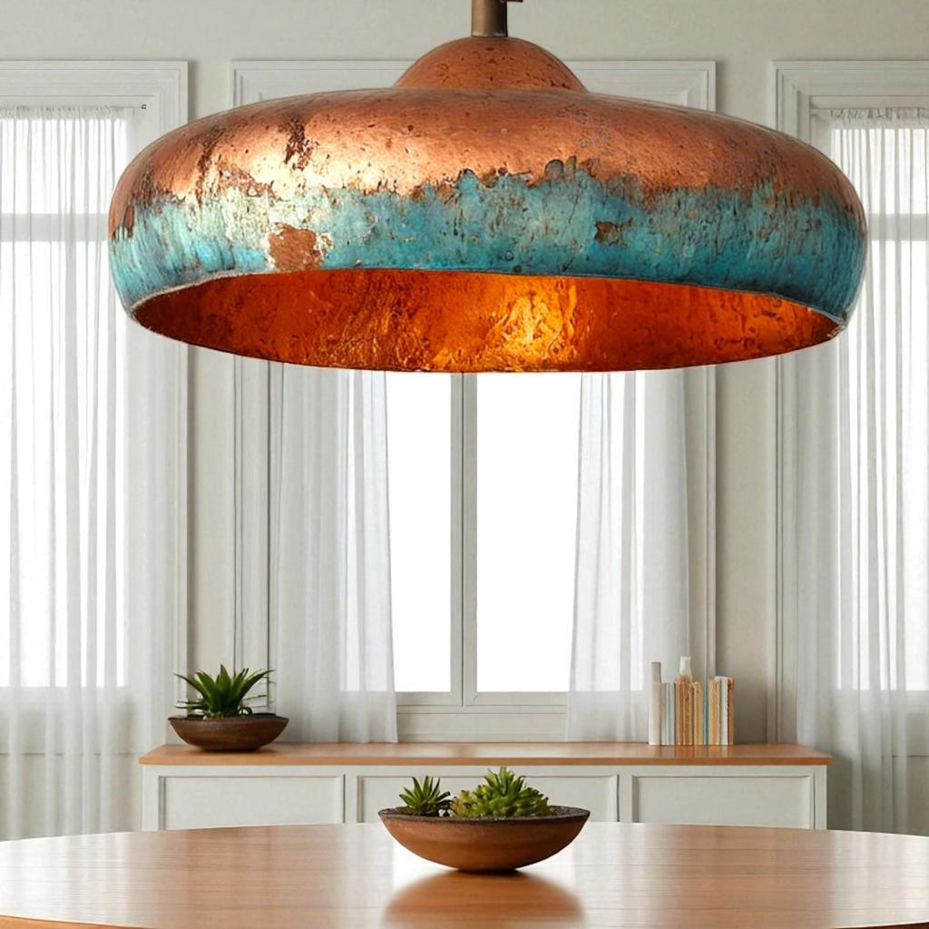 Handcrafted Blue Patina Copper Dome Pendant Light