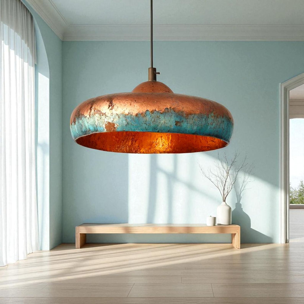 Handcrafted Blue Patina Copper Dome Pendant Light