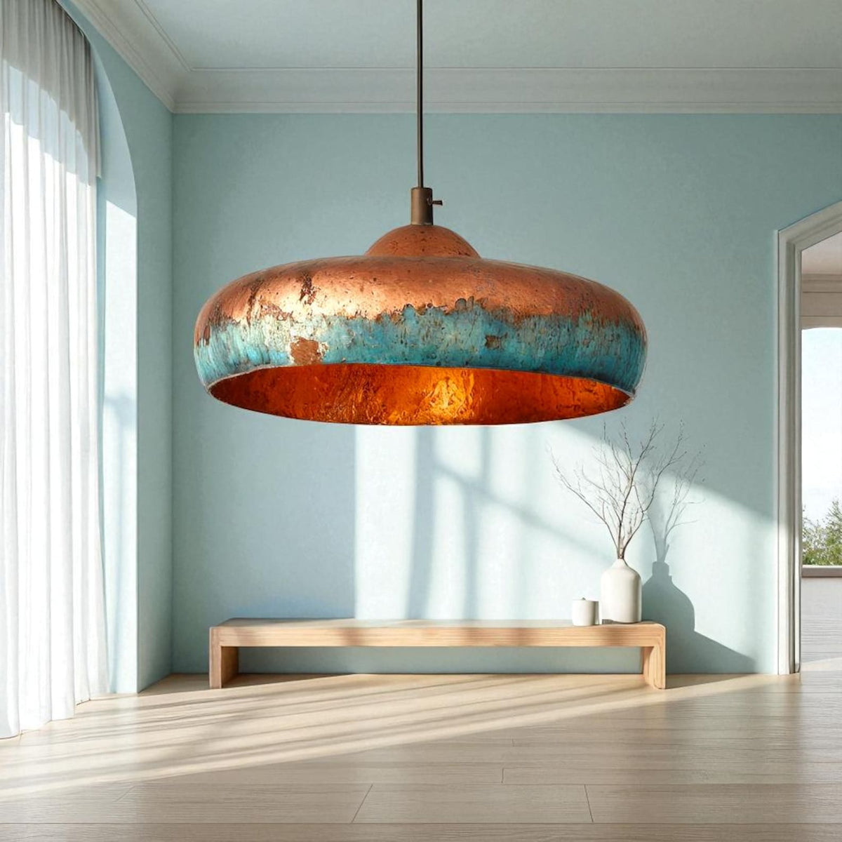Handcrafted Blue Patina Copper Dome Pendant Light