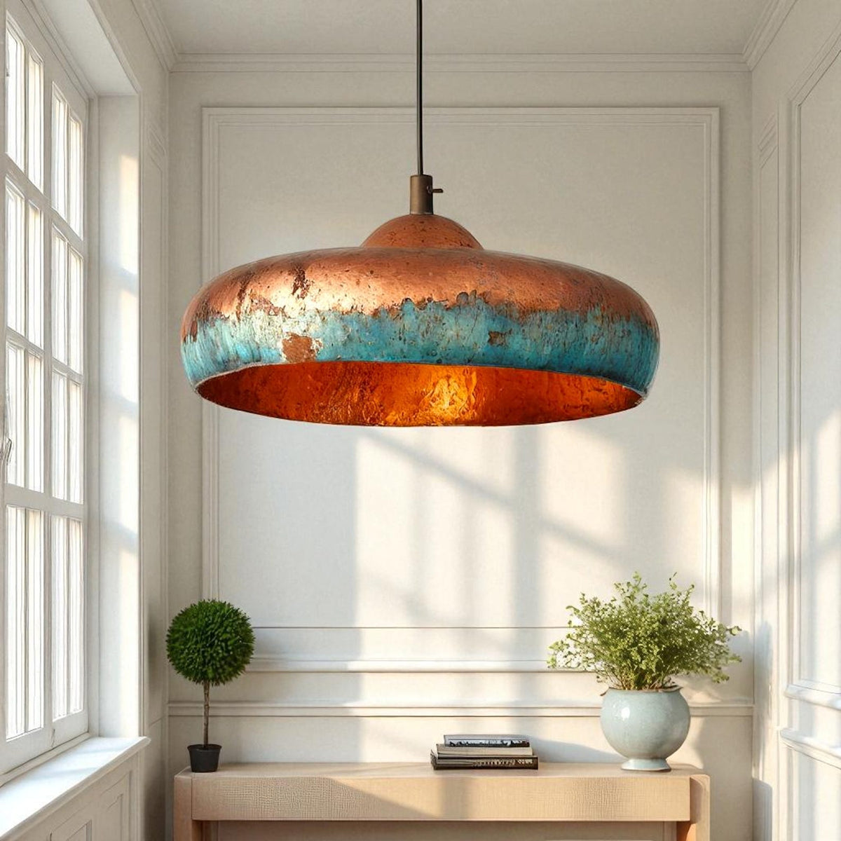 Handcrafted Blue Patina Copper Dome Pendant Light