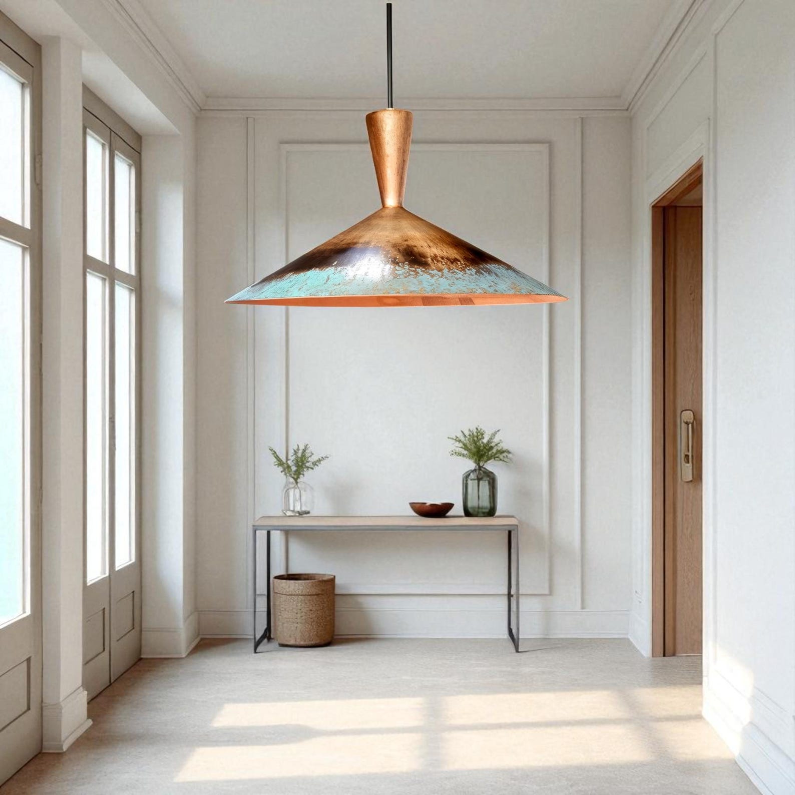Handcrafted Rustic Patina Copper Dome Pendant Light