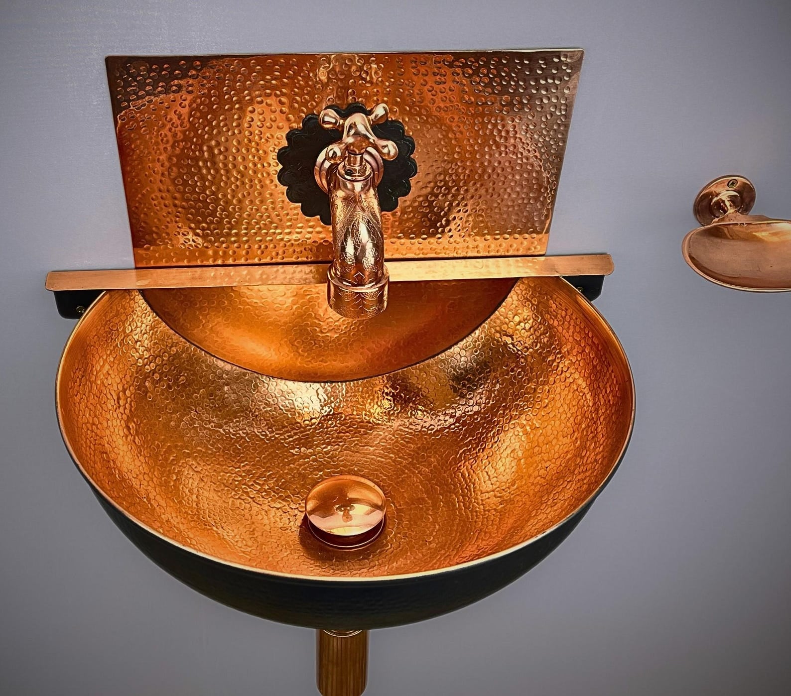 Hand-Hammered Black Copper Wall-Mounted Sink