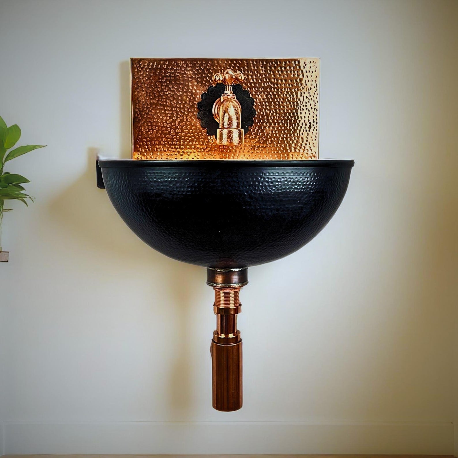 Hand-Hammered Black Copper Wall-Mounted Sink