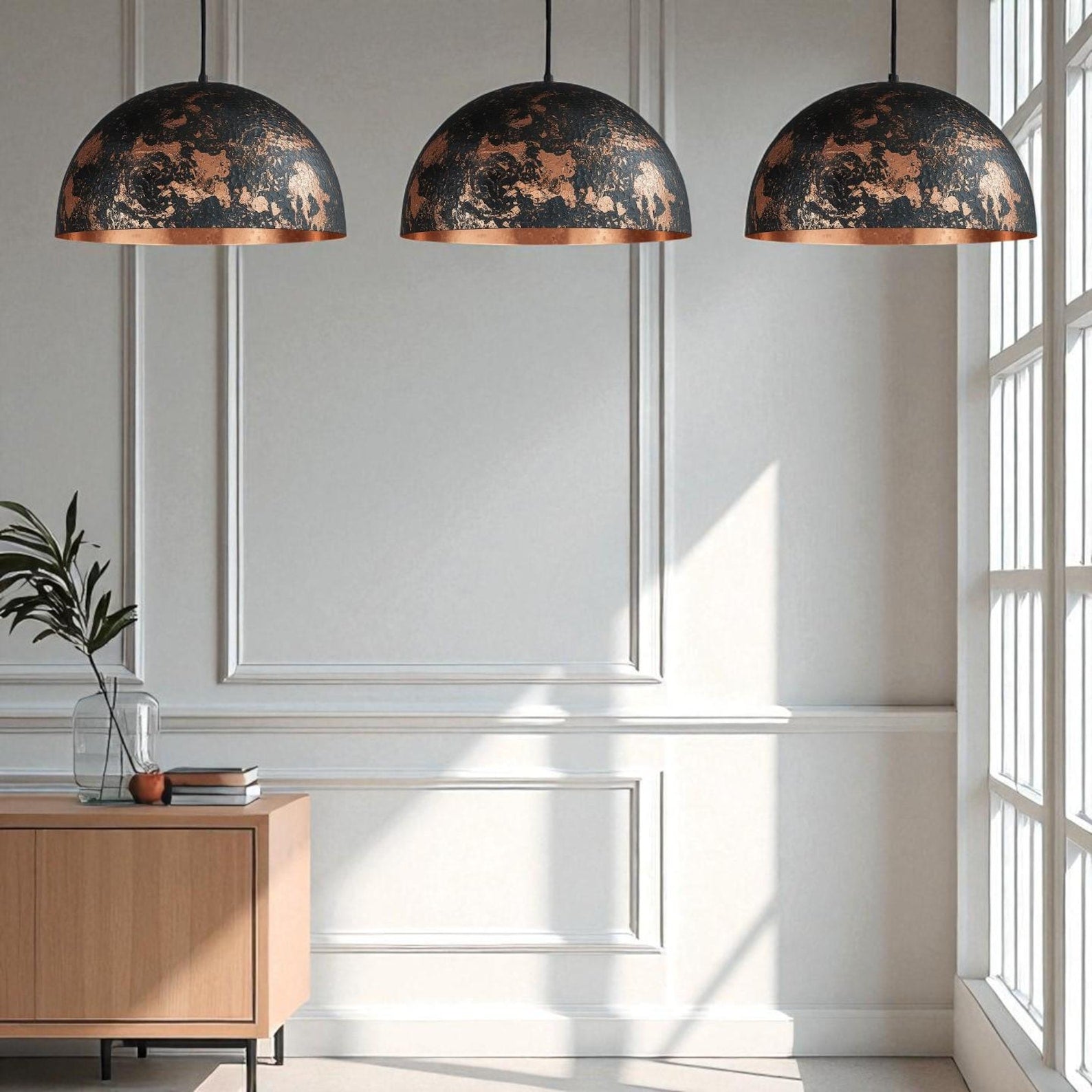 Hand-Hammered Black Copper Dome Pendant Light