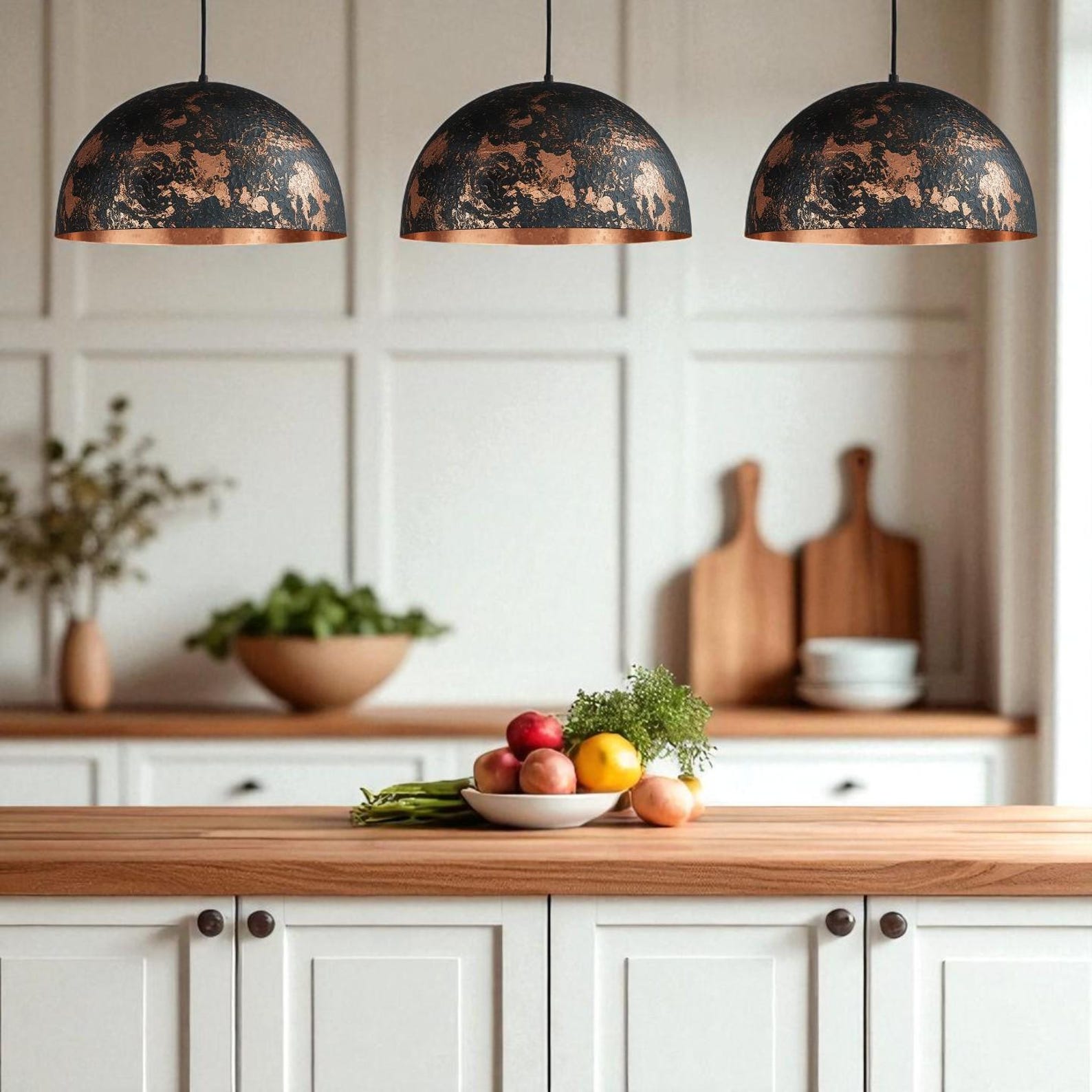 Hand-Hammered Black Copper Dome Pendant Light
