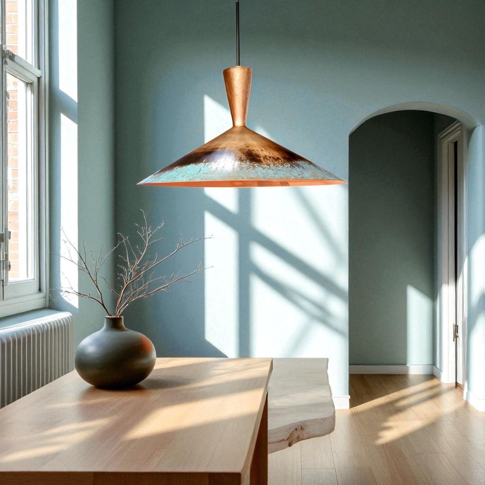 Handcrafted Rustic Patina Copper Dome Pendant Light