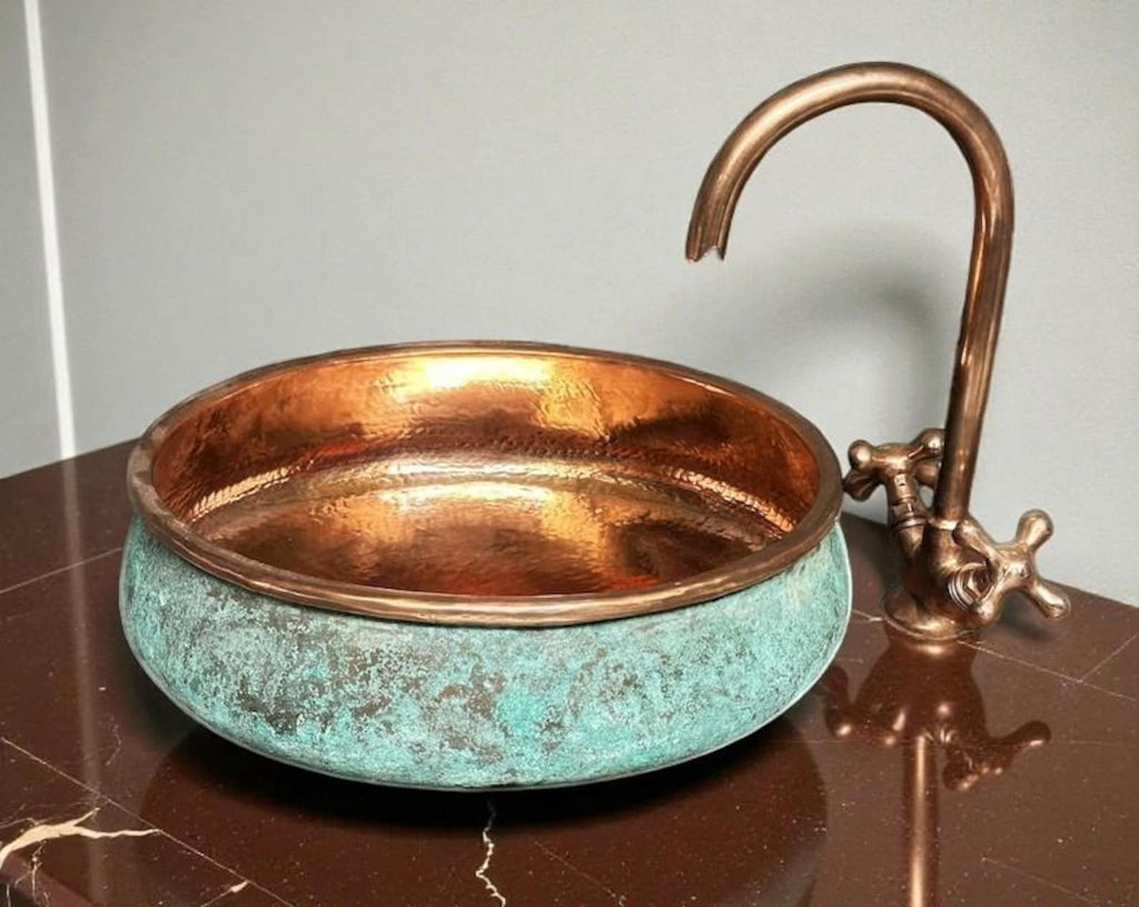 Handcrafted Green Patina Copper Washbasin