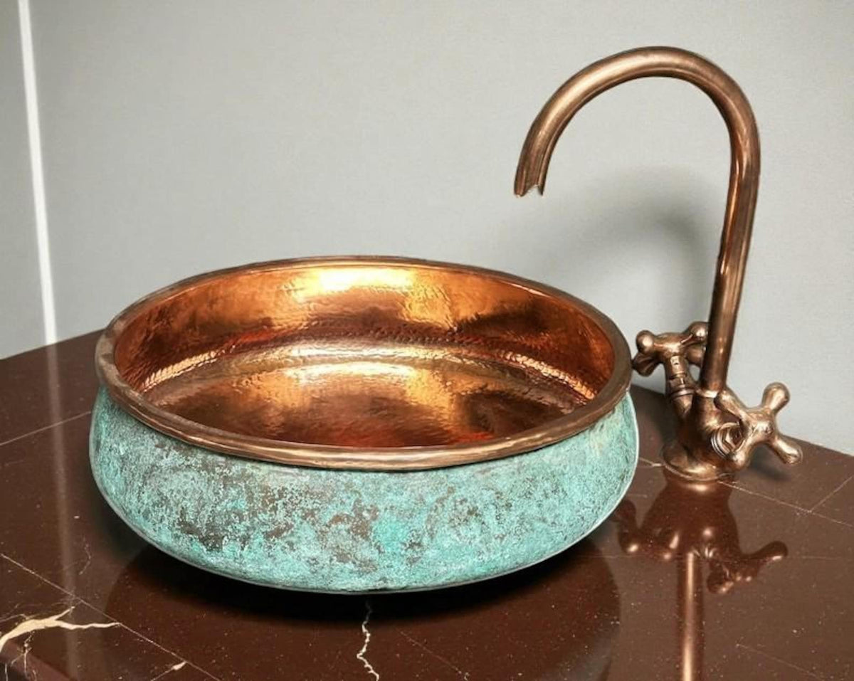 Handcrafted Green Patina Copper Washbasin