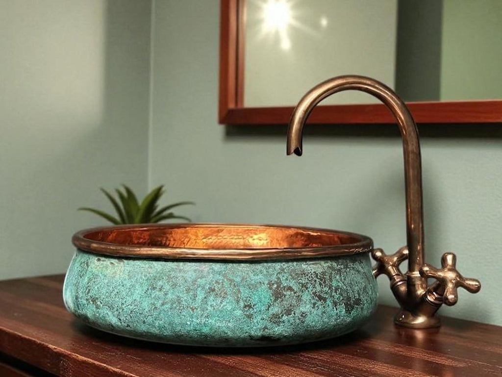Handcrafted Green Patina Copper Washbasin