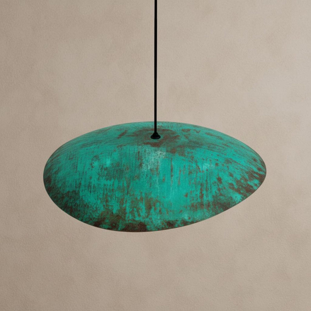 Handcrafted Turquoise Patina Copper Shallow Dome Pendant Light