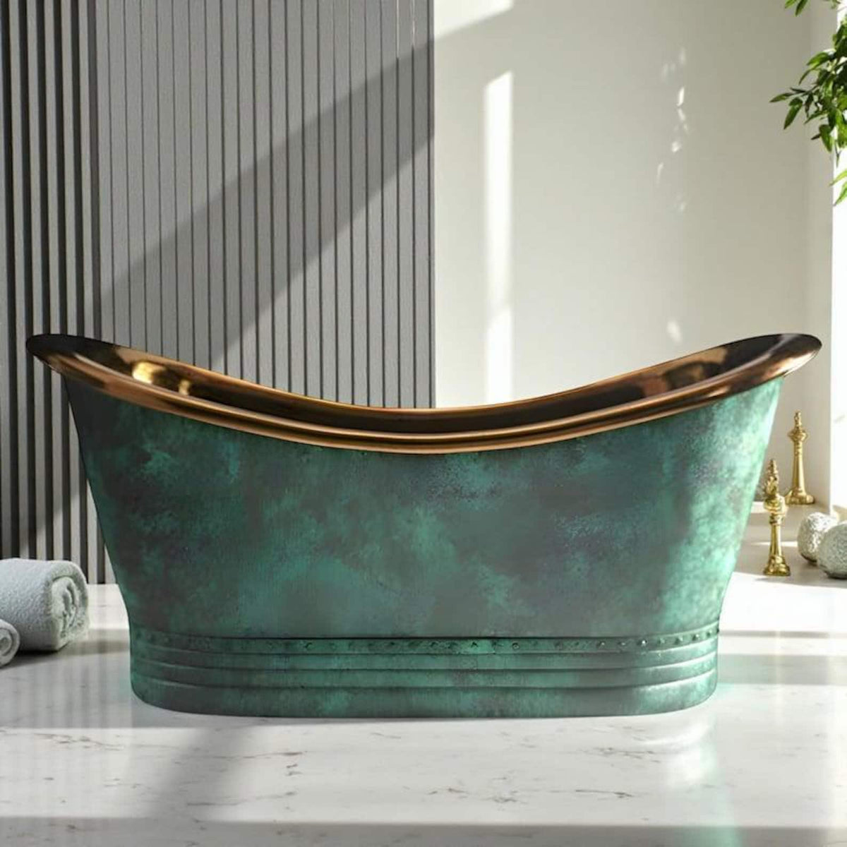 Oxidized Copper Bathtub, Green Patina Copper Soaking Tub, Handmade Rustic Freestanding Bath