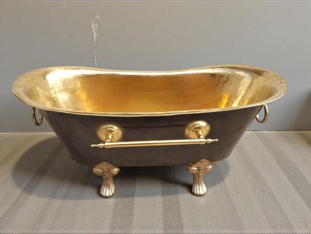 Handmade Black & Brass Clawfoot Bathtub – Luxury Soaking Tub, Vintage Rustic Brass Bath, Custom Clawfoot Tub