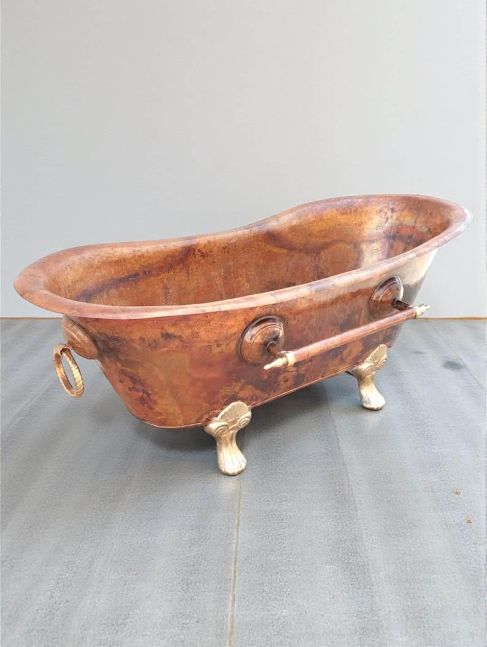 Handmade Rustic Copper Clawfoot Bathtub, Vintage Patina Soaking Tub