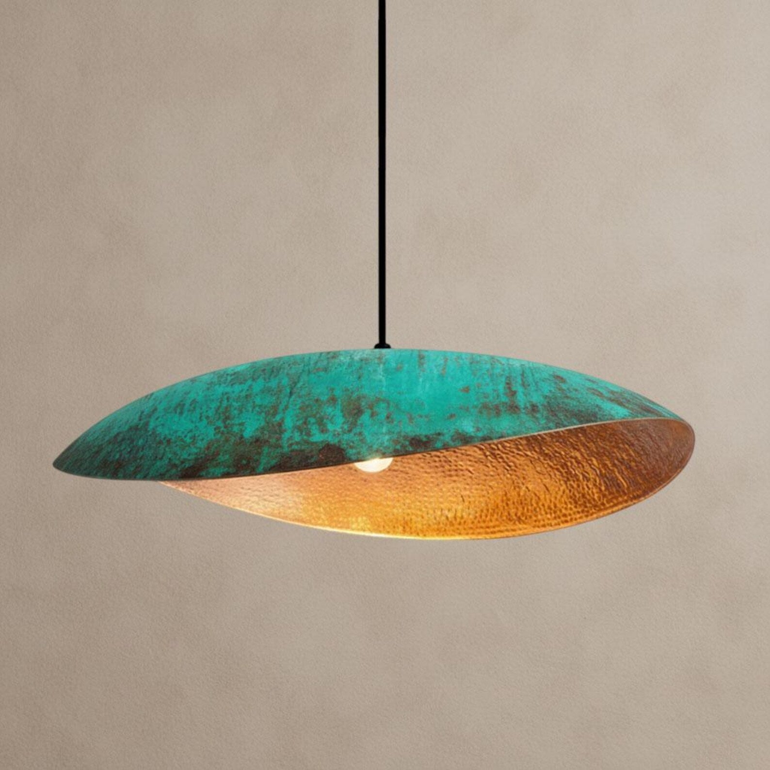 Handcrafted Turquoise Patina Copper Shallow Dome Pendant Light