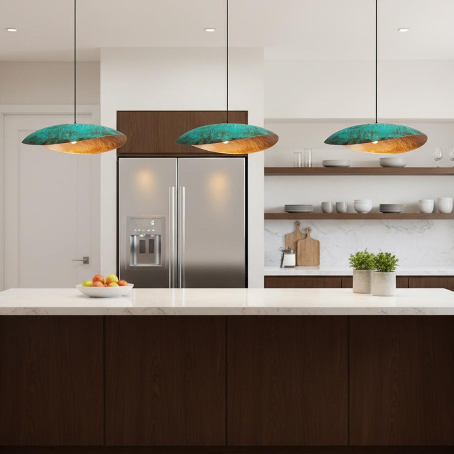 Handcrafted Turquoise Patina Copper Shallow Dome Pendant Light