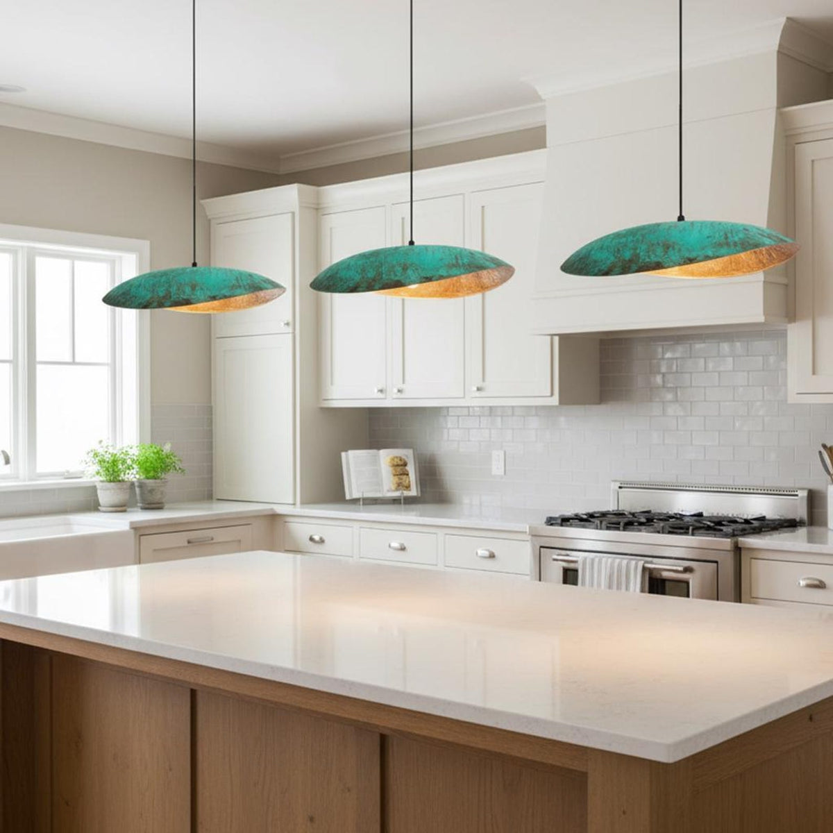 Handcrafted Turquoise Patina Copper Shallow Dome Pendant Light