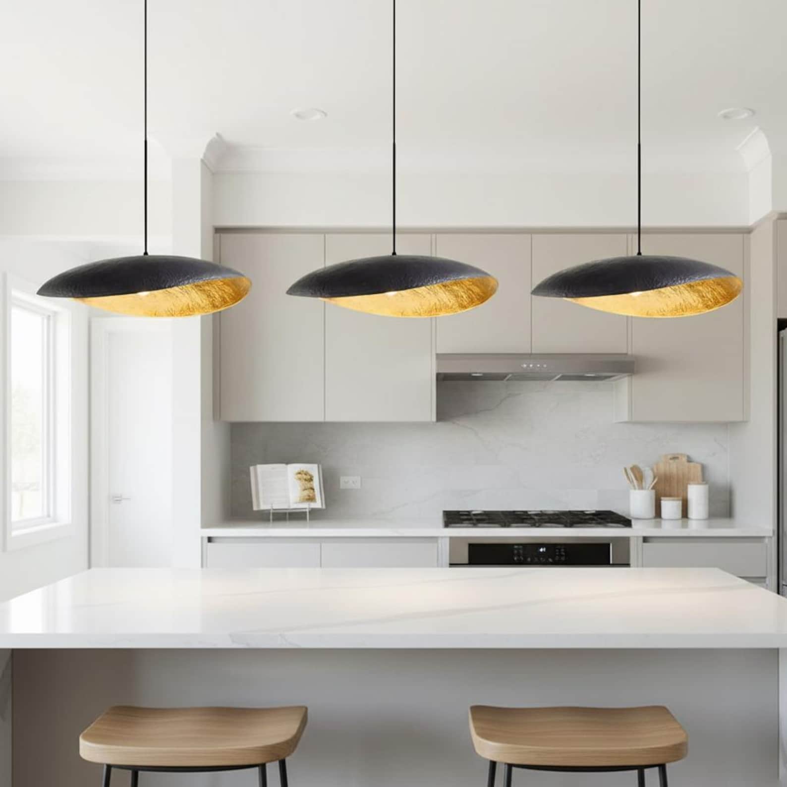 Handcrafted Black Patina Brass Shallow Dome Pendant Light