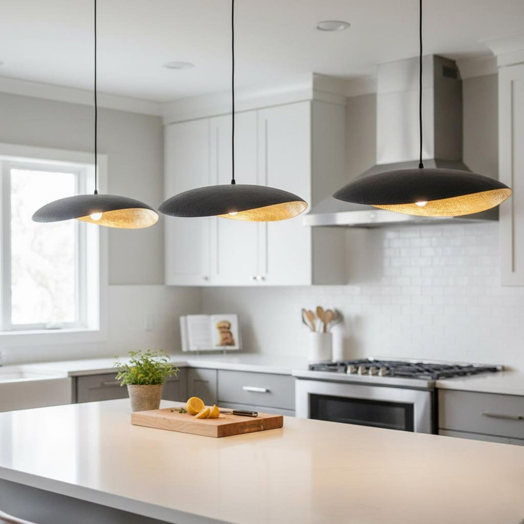 Handcrafted Black Patina Brass Shallow Dome Pendant Light