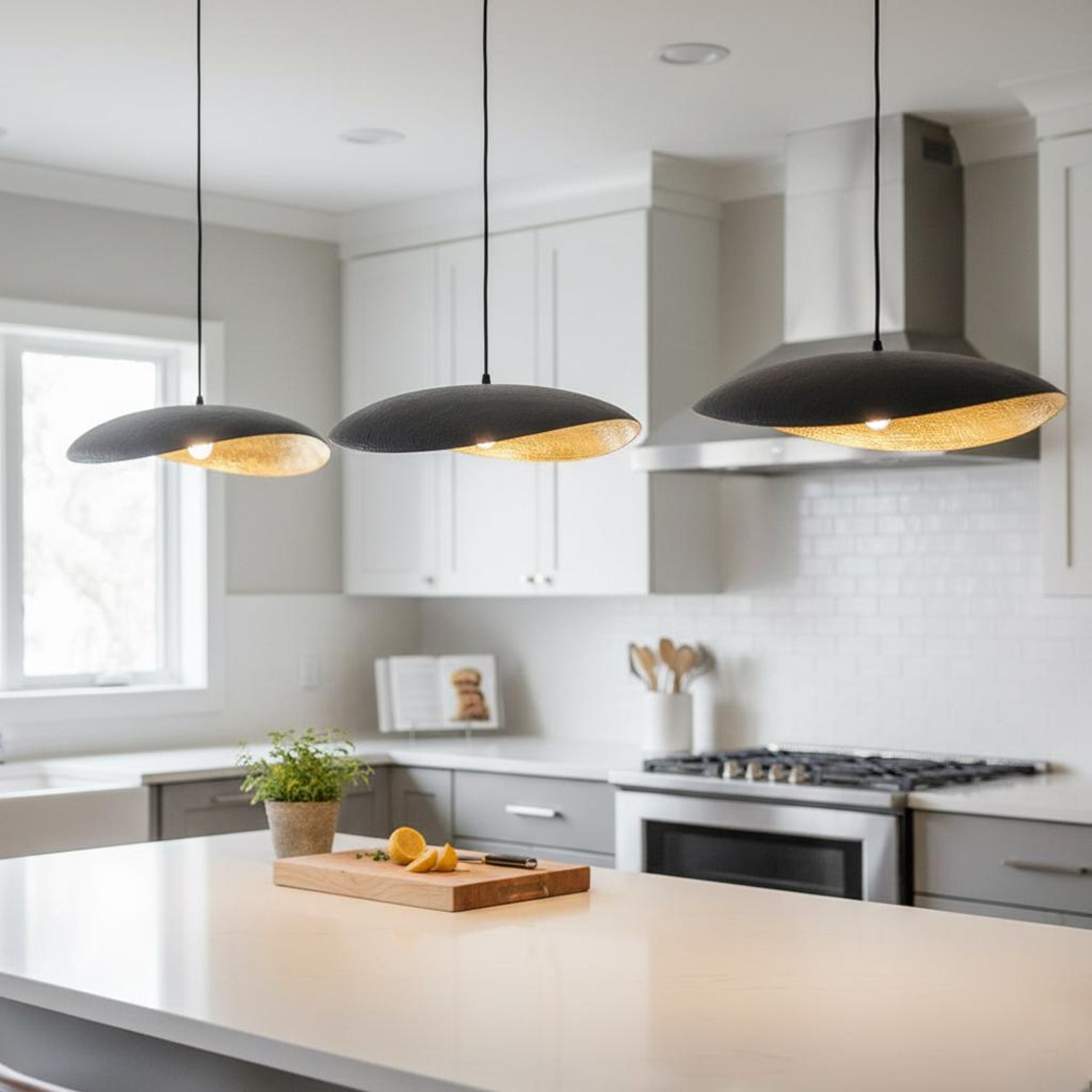 Handcrafted Black Patina Brass Shallow Dome Pendant Light
