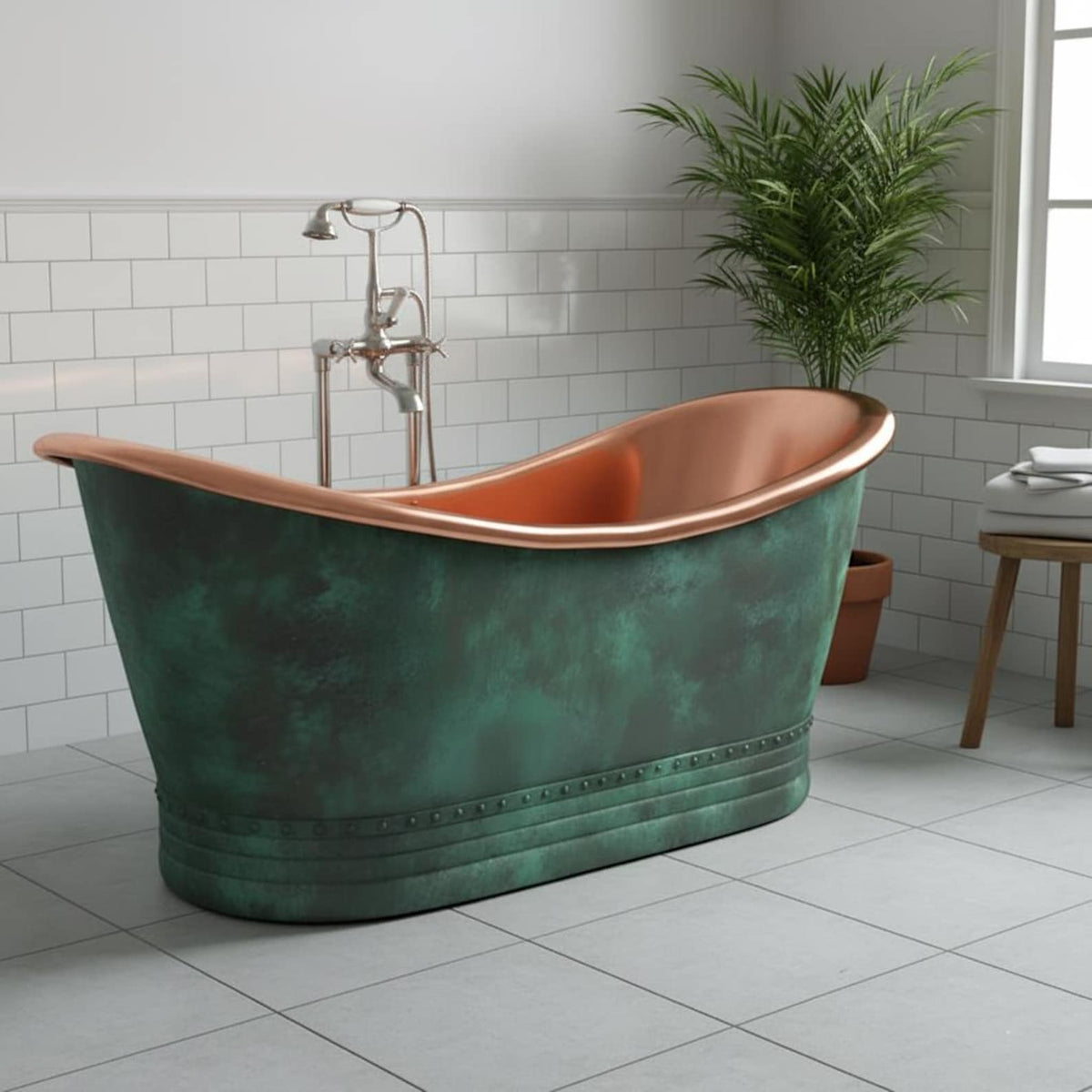 Oxidized Copper Bathtub, Green Patina Copper Soaking Tub, Handmade Rustic Freestanding Bath