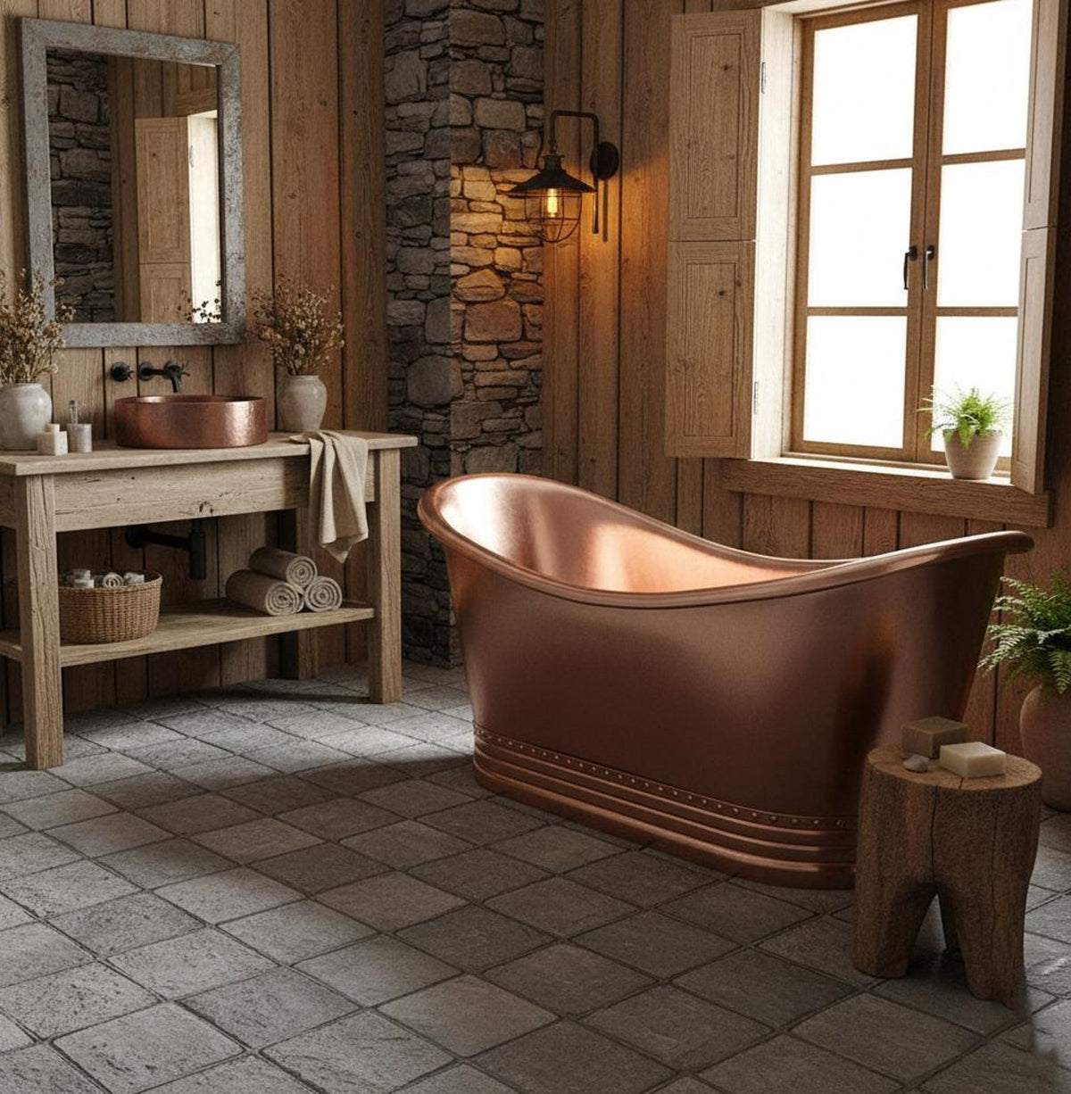 Handmade Copper Freestanding Bathtub, Luxury Rustic Soaking Tub