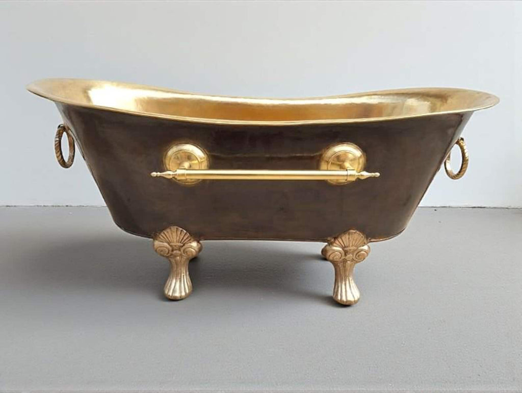Brass Clawfoot Bathtub, Handmade Black Patina Soaking Tub, Vintage Freestanding Brass Bath