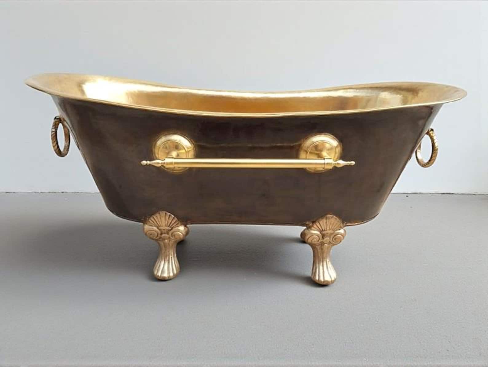 Brass Clawfoot Bathtub, Handmade Black Patina Soaking Tub, Vintage Freestanding Brass Bath