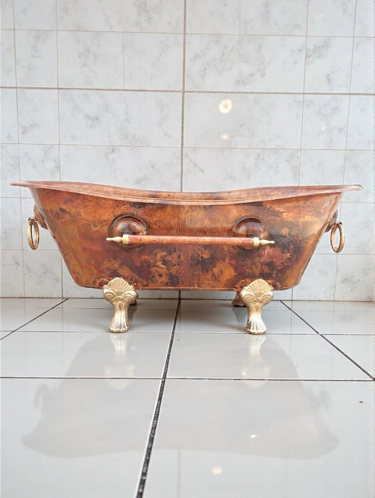 Handmade Rustic Copper Clawfoot Bathtub, Vintage Patina Soaking Tub