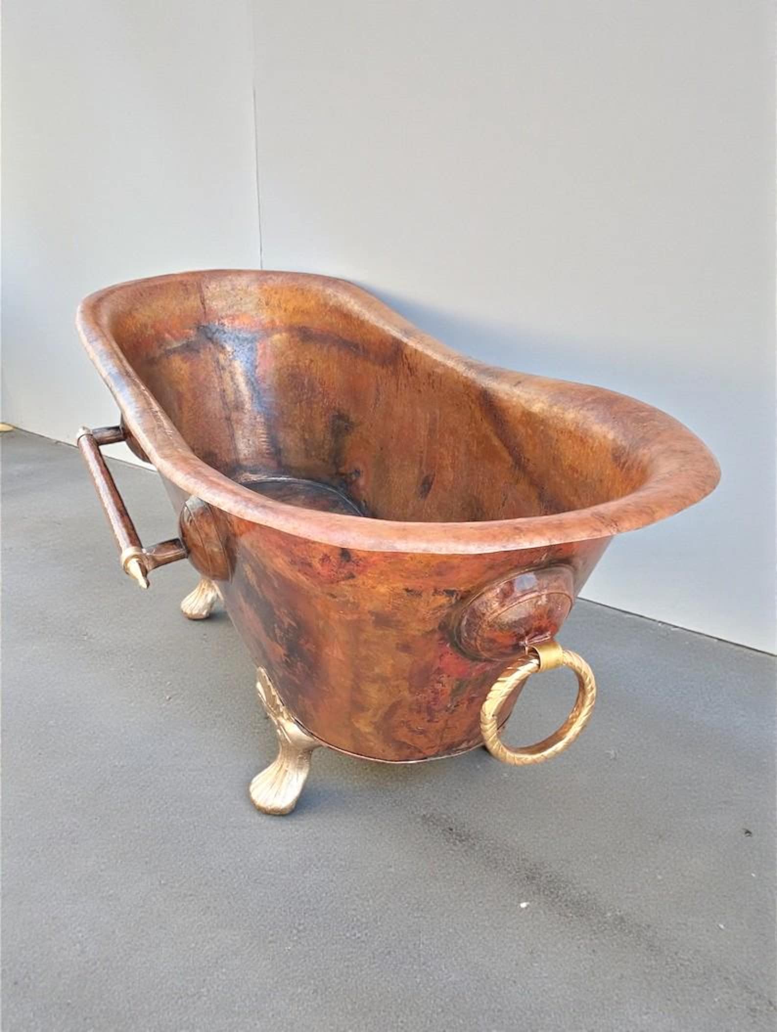 Handmade Rustic Copper Clawfoot Bathtub, Vintage Patina Soaking Tub