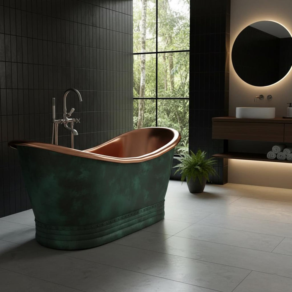 Oxidized Copper Bathtub – Freestanding Rustic Soaking Tub, Outdoor Bath