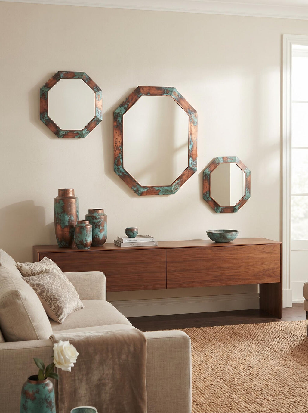 Handcrafted Antique Copper Octagon Mirror