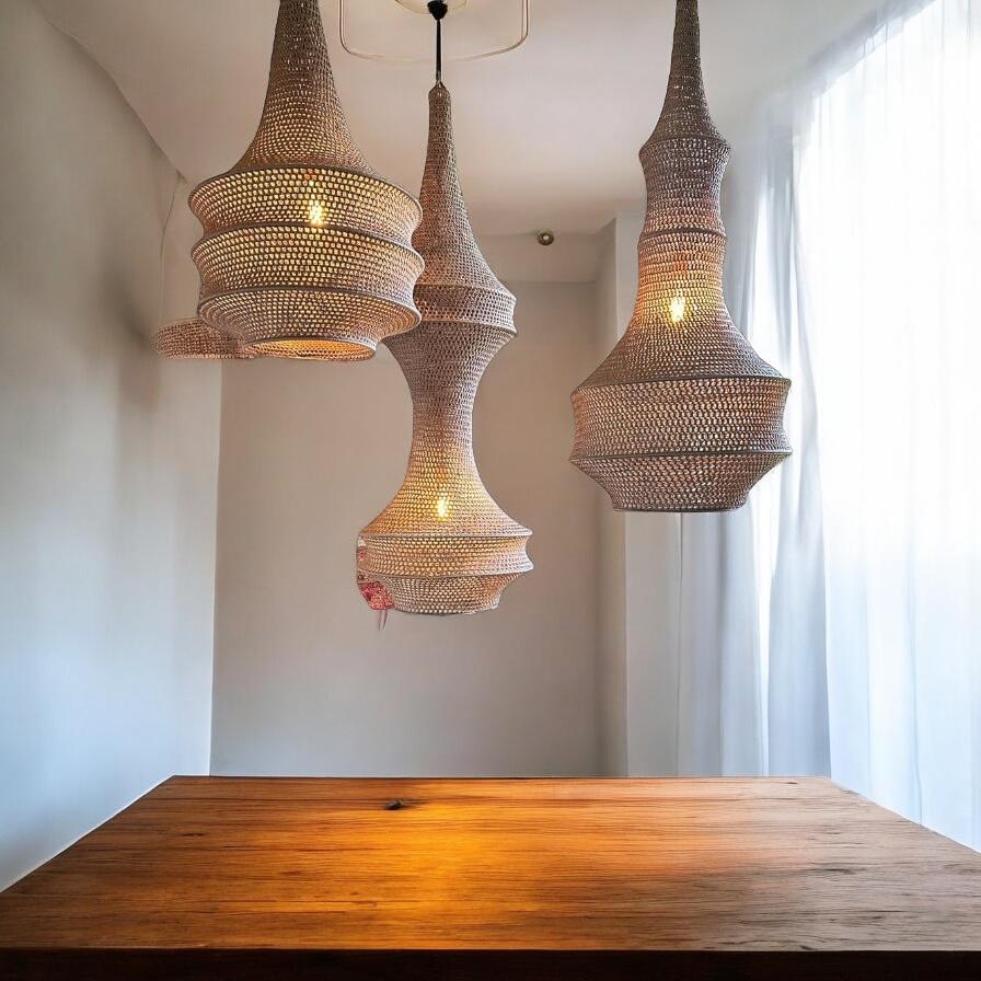 Three hanging pendant lights featuring woven, light brown, textured shades with a bell-shaped silhouette. Each fixture is…