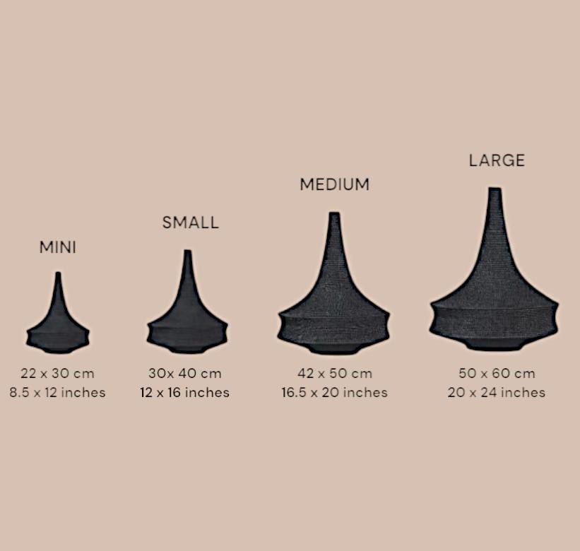 Four black, bell-shaped decorative objects arranged by size, labeled Mini, Small, Medium, and Large. Dimensions are…