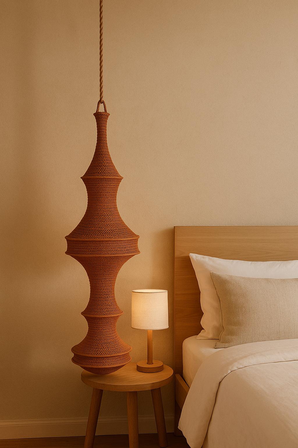 A tall, rust-colored, crocheted pendant light fixture with a complex, multi-tiered, hourglass-like silhouette, suspended…