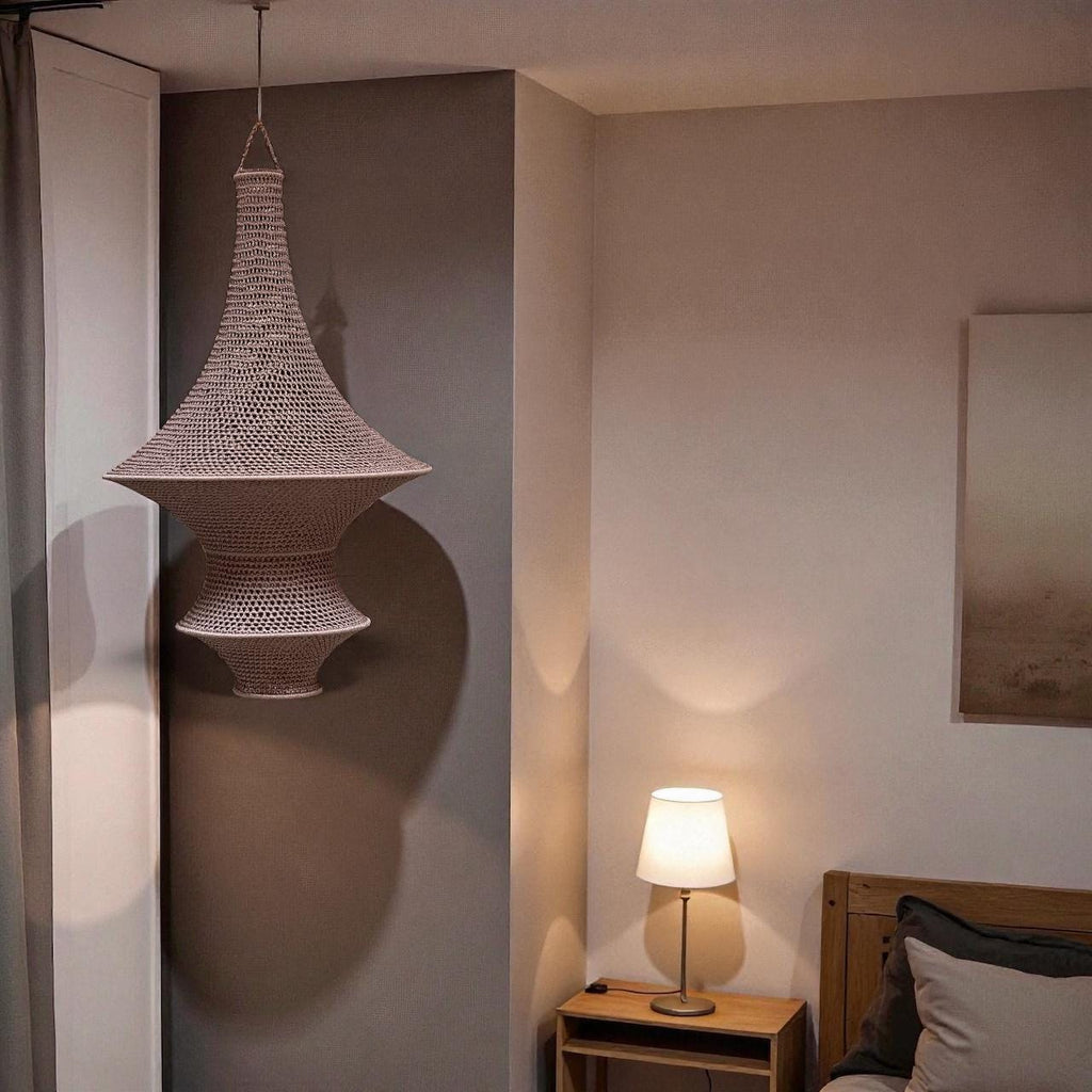 A large, beige, bell-shaped pendant light fixture with a fine, intricate, open-weave mesh pattern. The structure features…