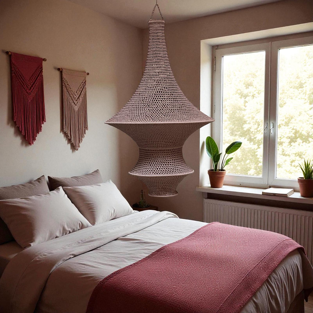 A large, bell-shaped pendant light fixture made of light-colored crocheted yarn hangs from the ceiling. The shade…