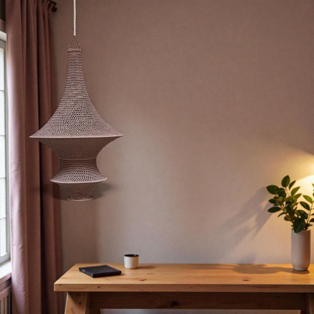 A hanging pendant light fixture featuring a complex, woven, bell-shaped structure with a fine mesh pattern. The light is…