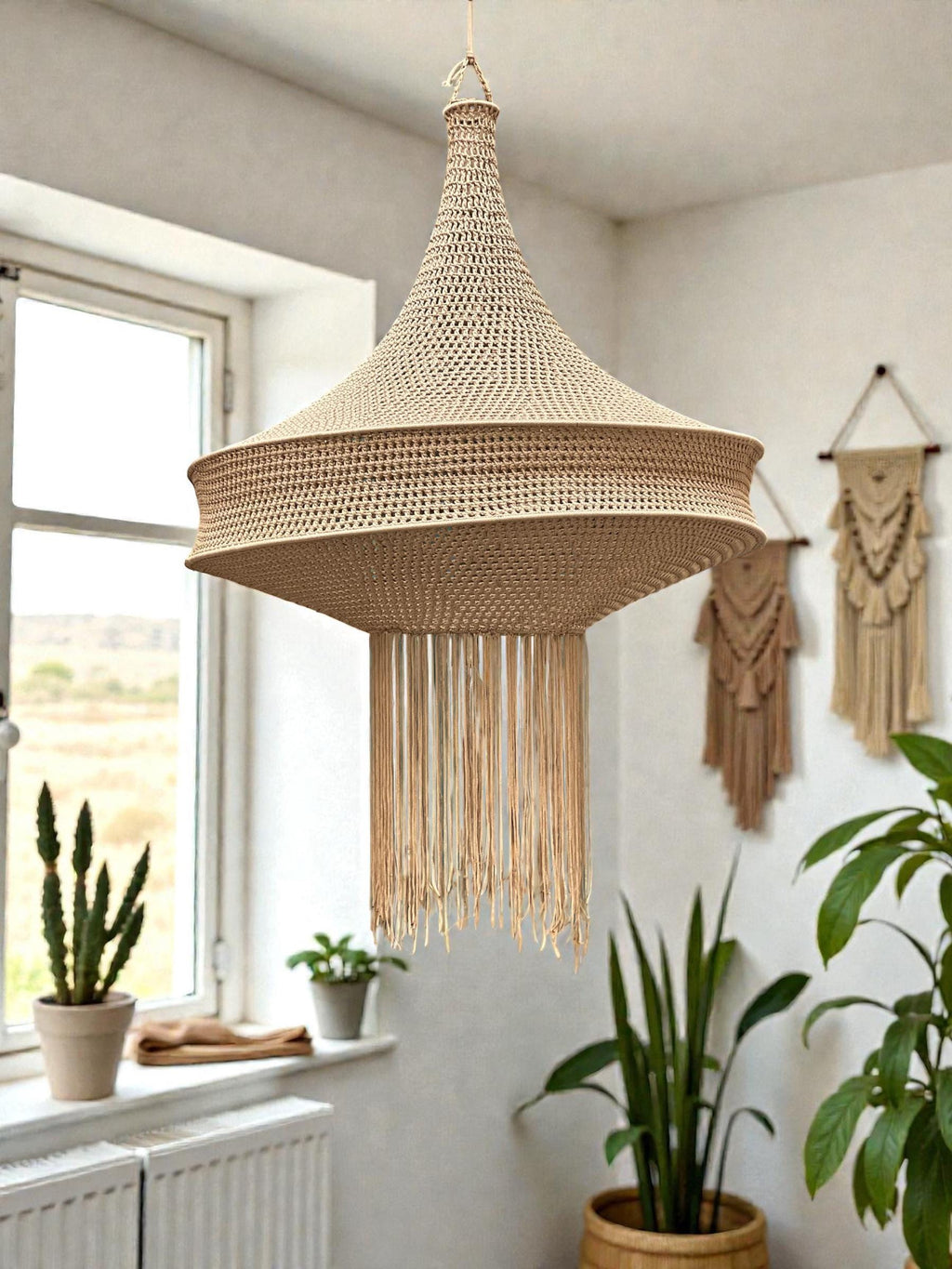 A beige crocheted pendant light fixture with a wide, conical shade and a central section featuring a horizontal ridge.…