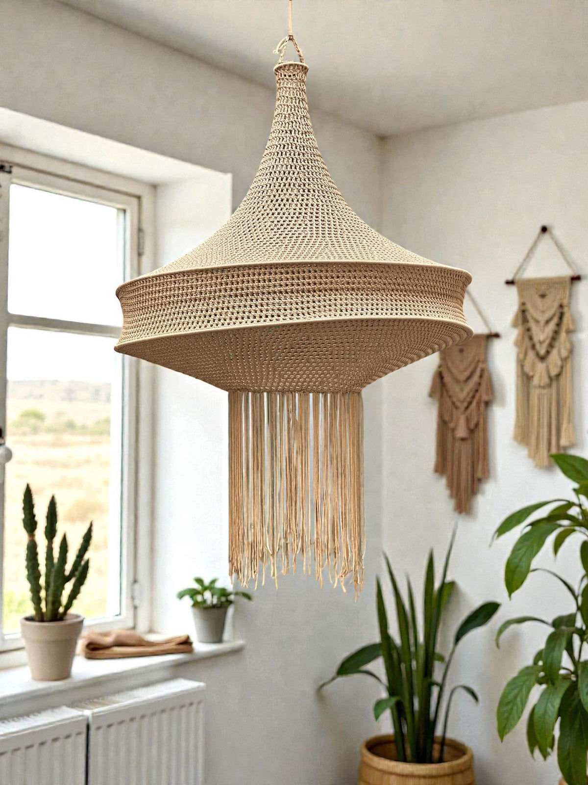 A beige crocheted pendant light fixture with a wide, conical shade and a central section featuring a horizontal ridge.…