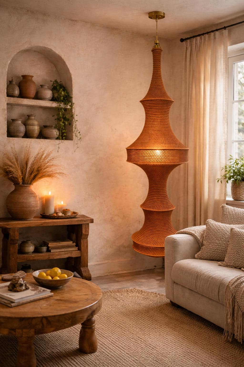 A tall, burnt-orange pendant light fixture with a textured, woven, or crocheted surface. The lamp features a…