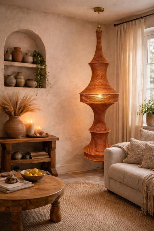 A tall, burnt-orange pendant light fixture with a textured, woven, or crocheted surface. The lamp features a…